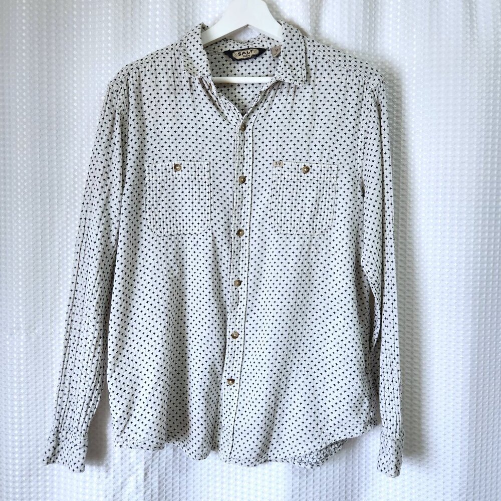 Salt Valley Western Shirt Mens M Cream Geometric Cross Pattern Long Sleeve Urban